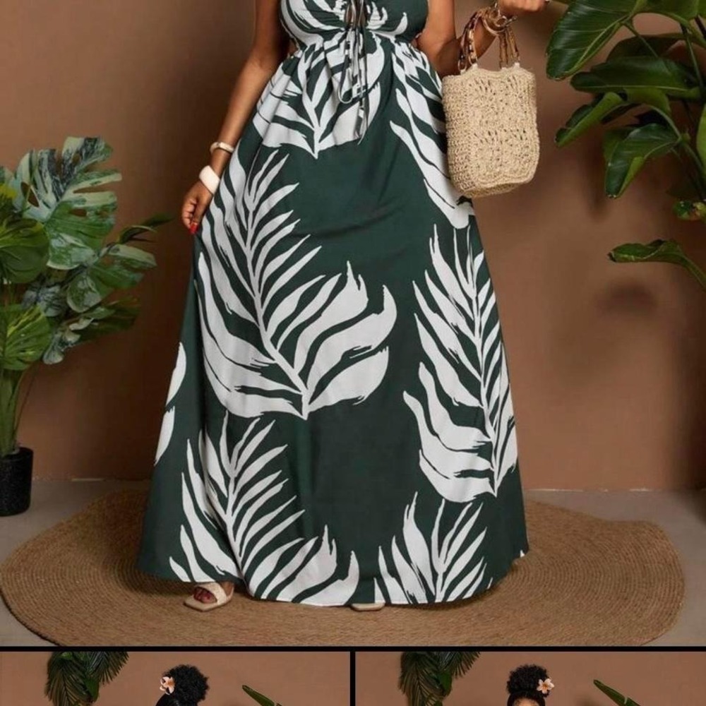 Dark Green White Palm Leaf Tropical Cutout Maxi Dress Summer Vacation Resortwear